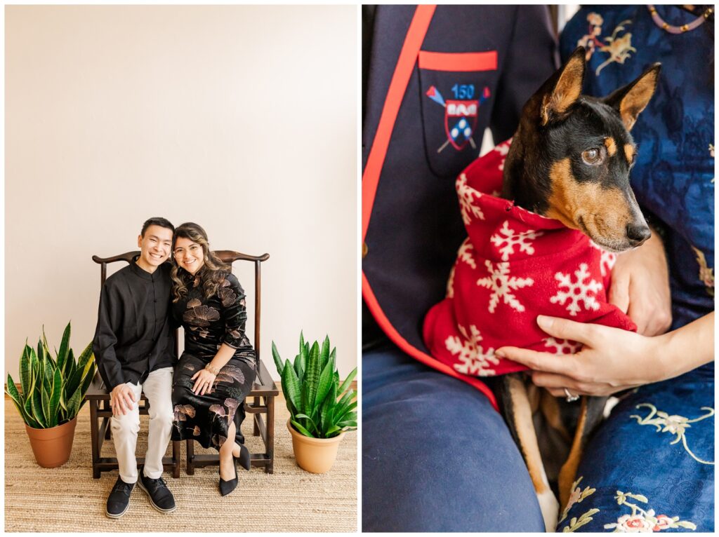 Formal portrait of a couple and a closeup of a dog