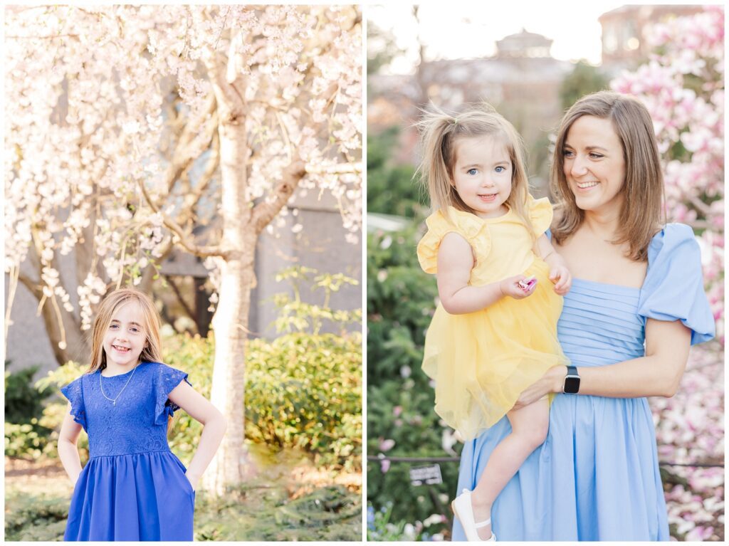 Mom holding her toddler daughter during spring family photos