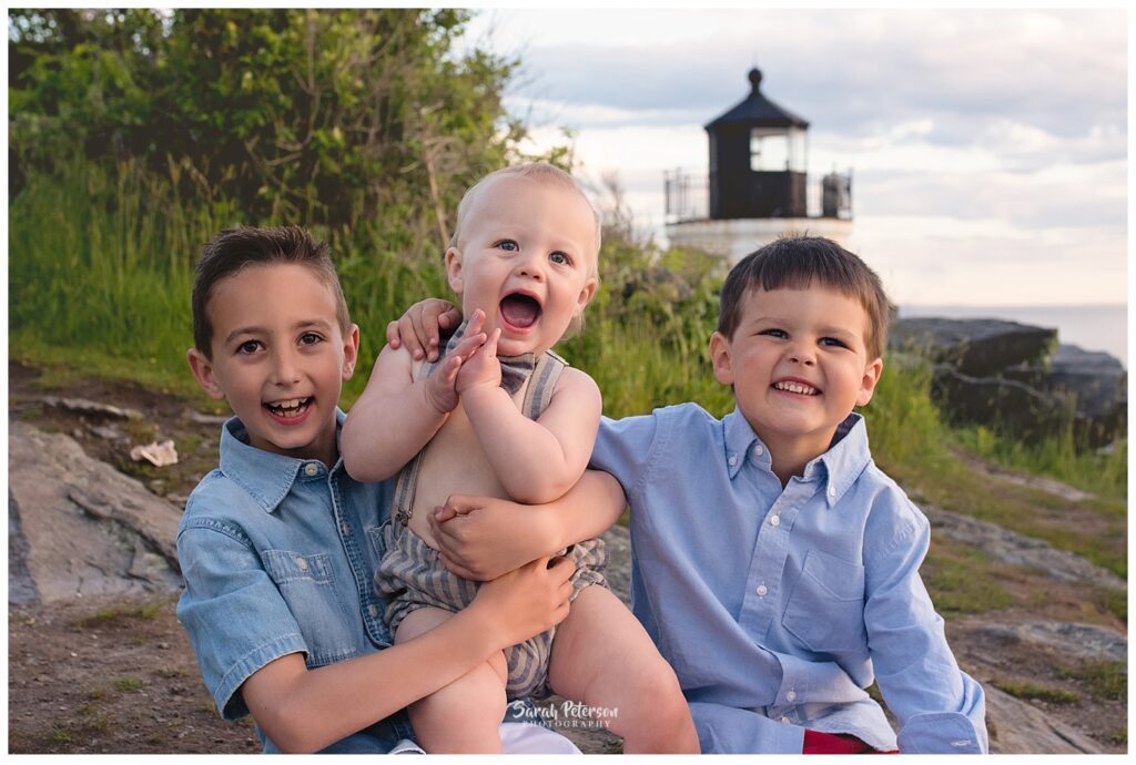 Three boys at Castle Hill Lighthouse  in Sarah Peterson Photography's Newport, RI photography spotlight