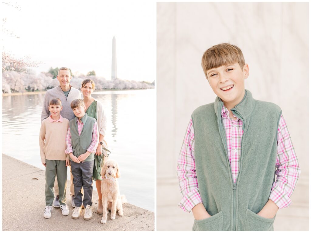 Family photo at the Tidal Basin during a DC cherry blossom photography session