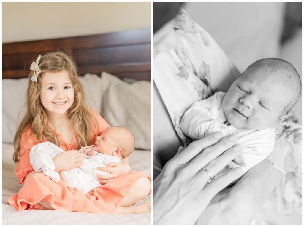 Big sister holding her new baby brother during lifestyle newborn session