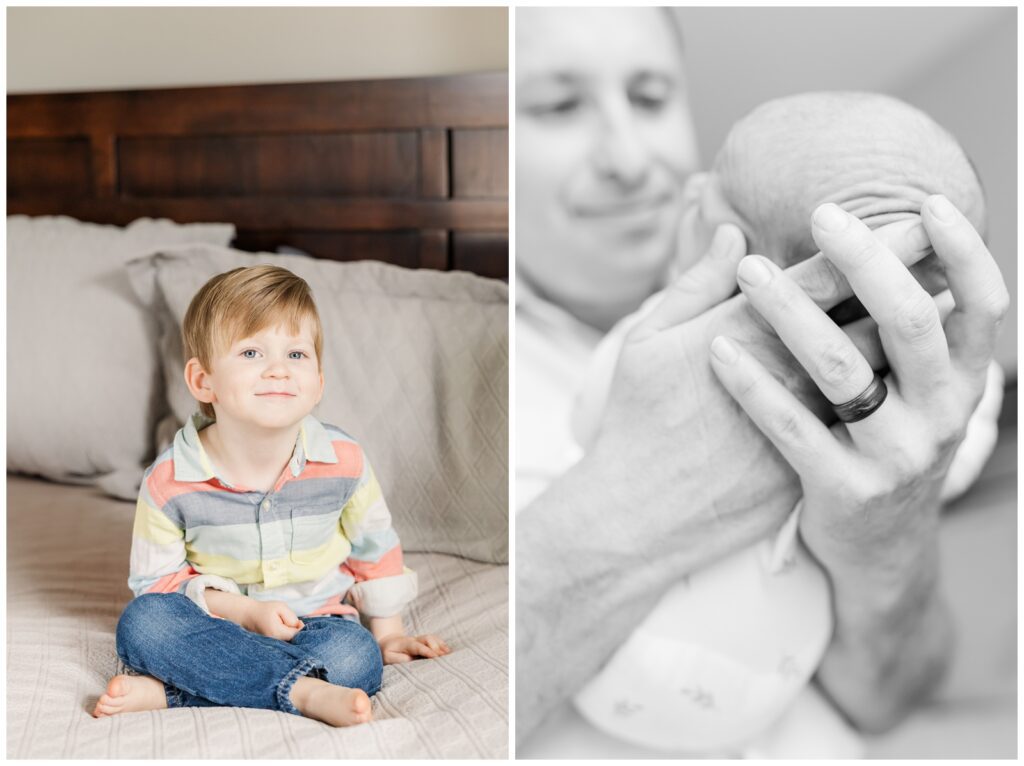 Dad smiling down towards newborn son during lifestyle newborn session