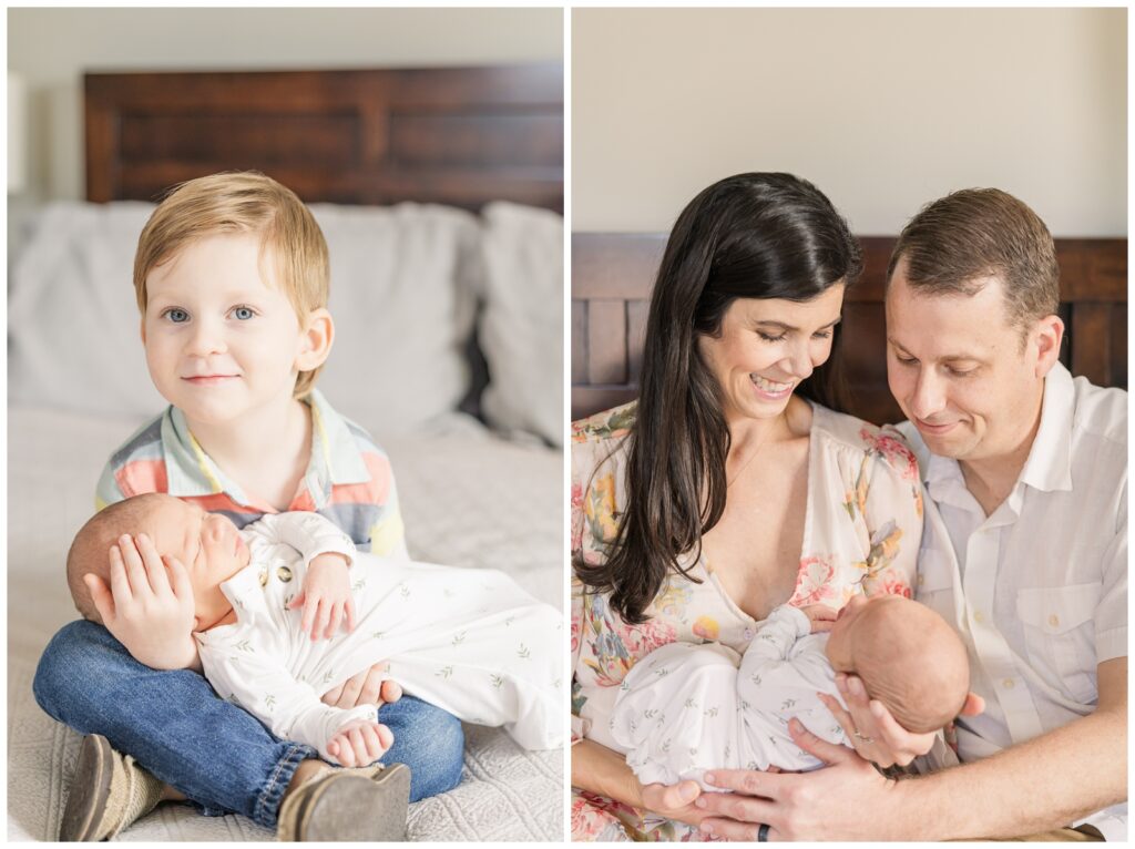Big brother holding his baby brother during lifestyle newborn session