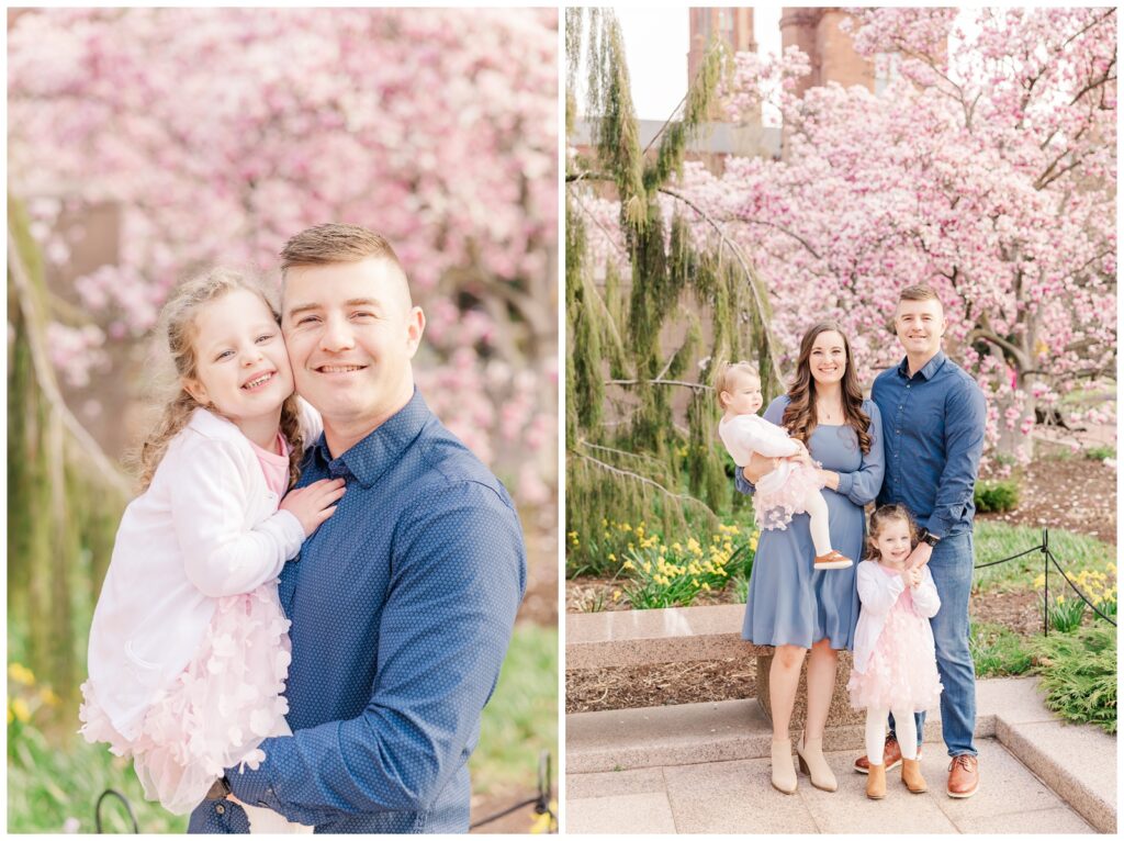 Daddy and daughter during spring family photos at Enid A. Haupt Garden