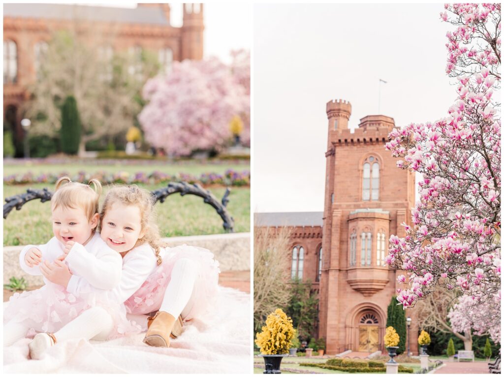 Sisters hugging in front of the Smithsonian Castle