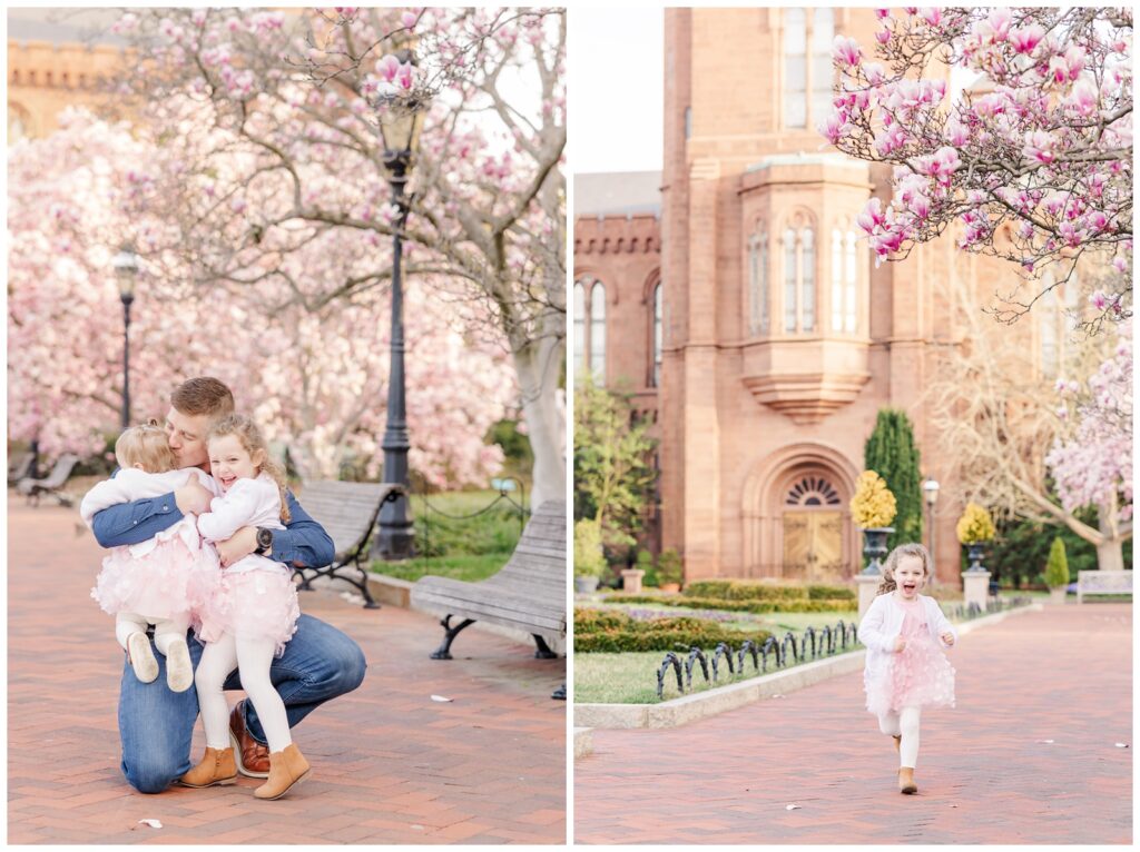 Dad hugging his daughters during spring family photos at Enid A. Haupt Garden