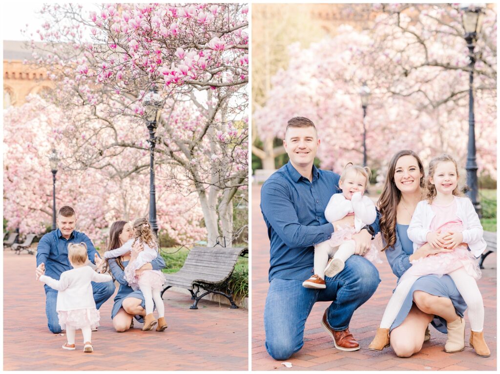 Family looking and smiling at the camera during spring family photos at Smithsonian Castle