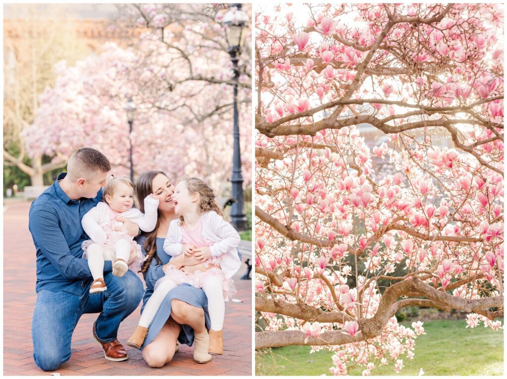 Family laughing during spring family photos at Enid A. Haupt Garden