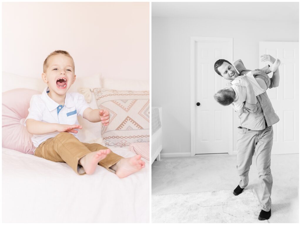 Dad and son wrestling in baby sister's nursery, captured by Erin Thompson, Virginia newborn photographer