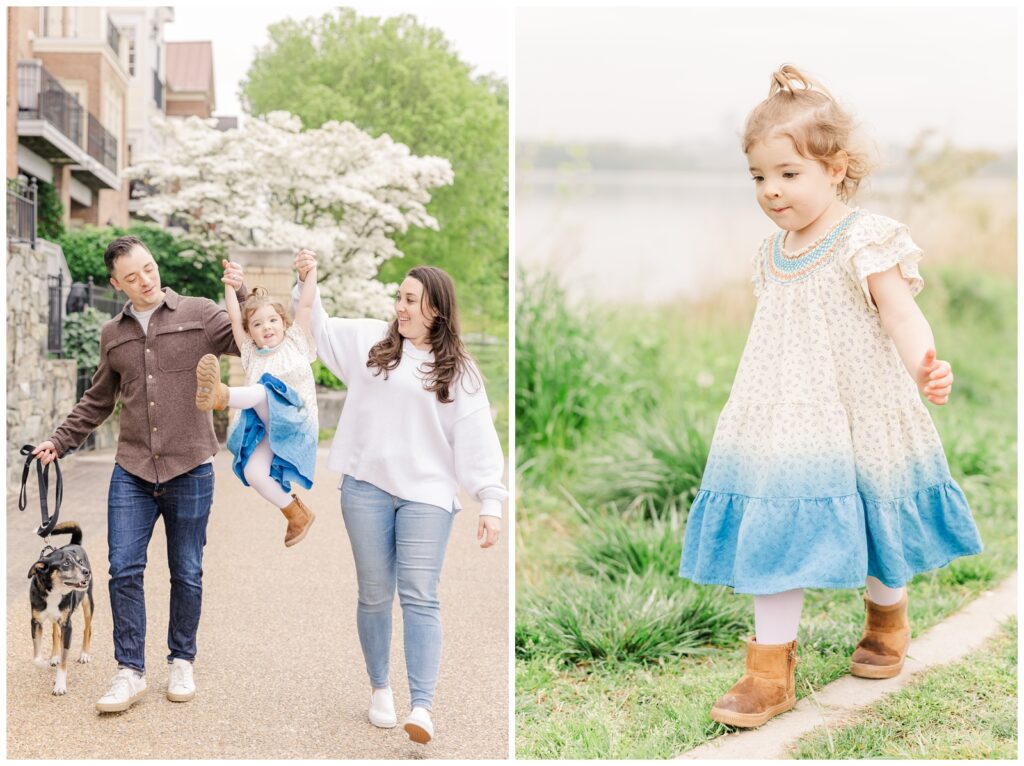 Parents holding their daughter's hands as they walk during Old Town Alexandria Family Photos