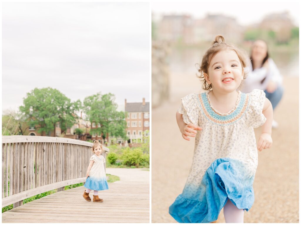 Little girl standing on a bridge at Shipyard Park during Old Town Alexandria Family Photos