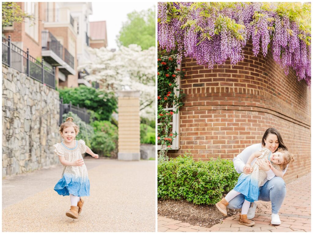 Mom hugging daughter in front of beautiful purple spring blooms