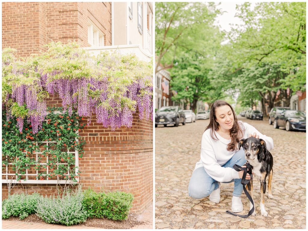 Mom snuggling her dog during Old Town Alexandria Family Photos