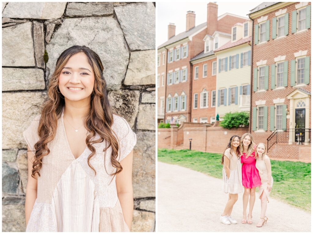 Three girls smiling at the camera in front of townhomes at Shipyard Park