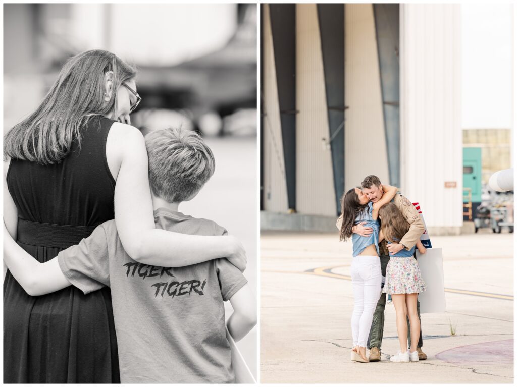 Family embracing at Air Force deployment homecoming