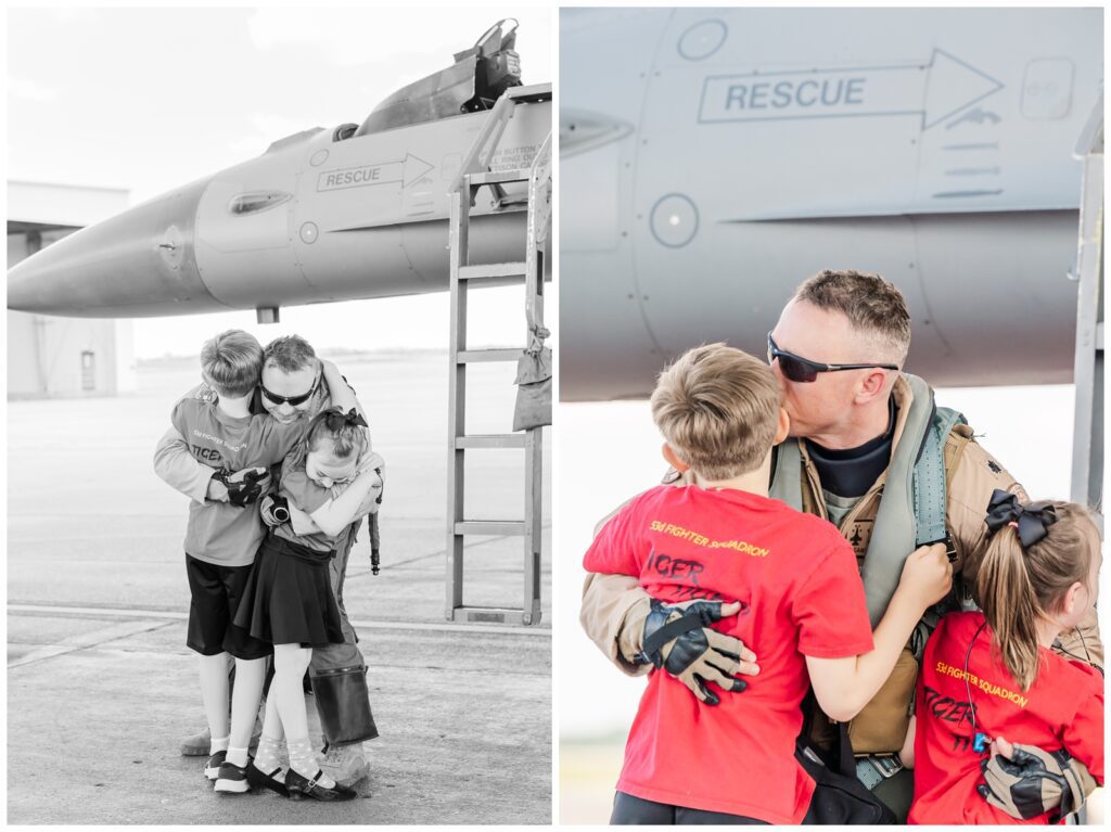 Dad hugging and kissing his kids at his Air Force deployment homecoming