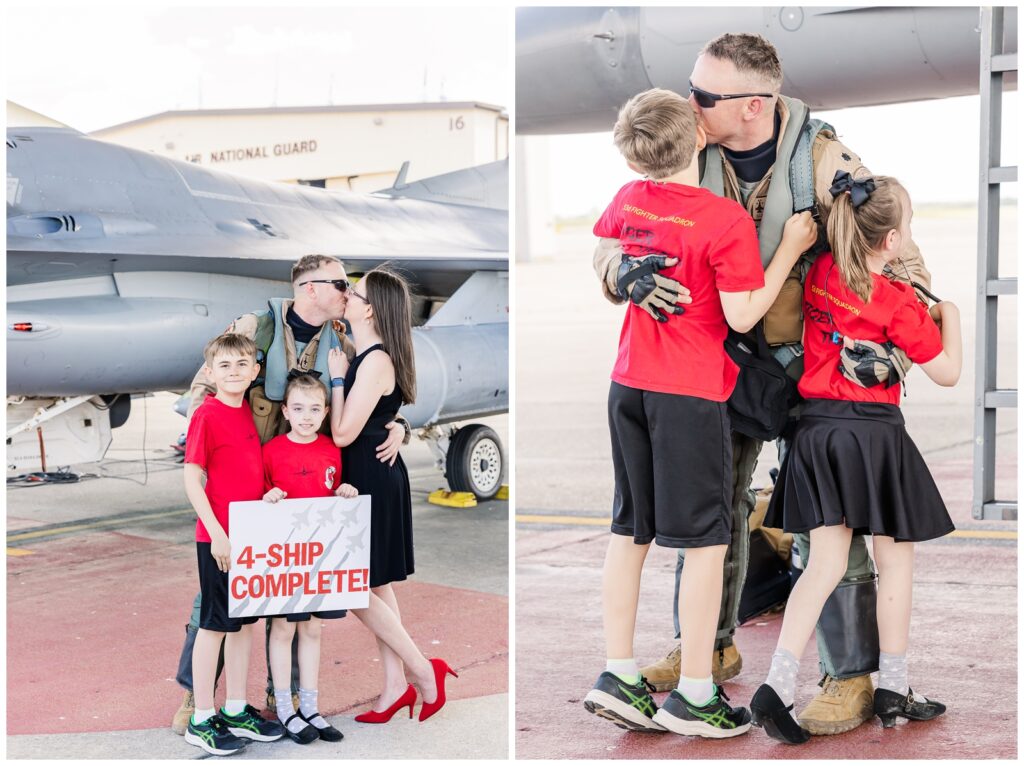 Family photo in front of a jet at the family's Air Force deployment homecoming