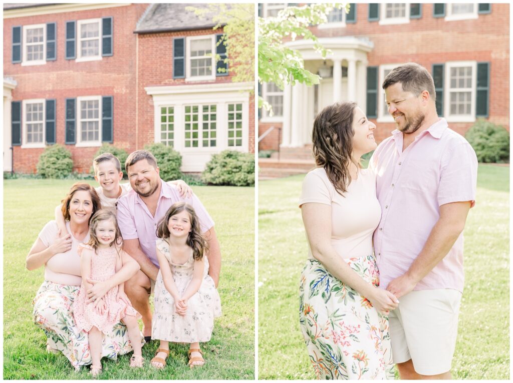 Parents and their three children hugging and smiling during Maryland extended family photos