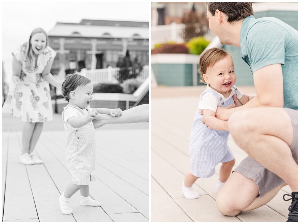 One year old taking his first steps towards his dad during spring family photos