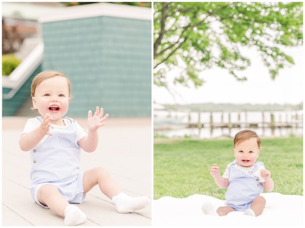 Little boy sitting and clapping during spring family photos