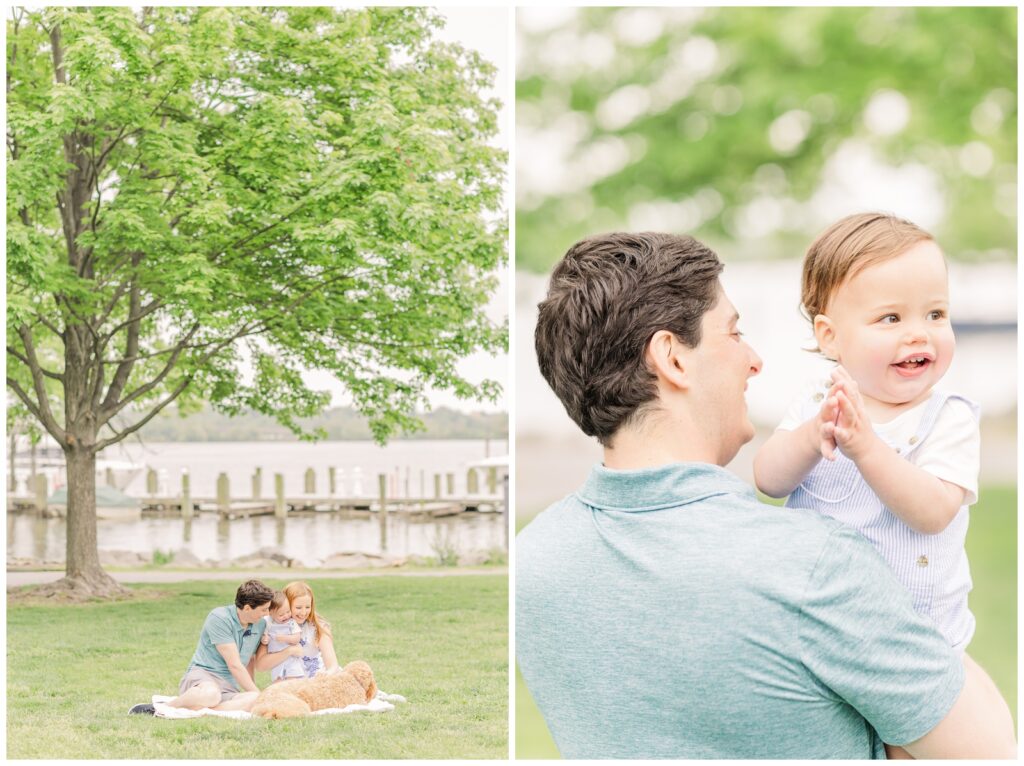 Family sitting under a tree with their puppy during spring family photos