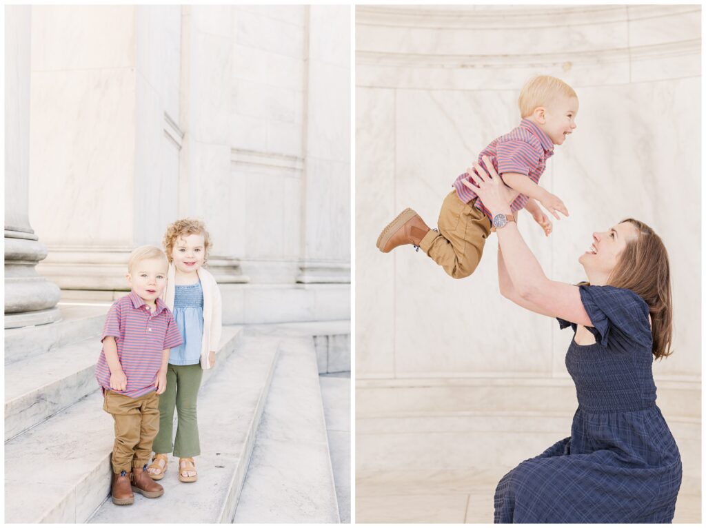 Mom tossing her toddler boy in the air at the Jefferson Memorial