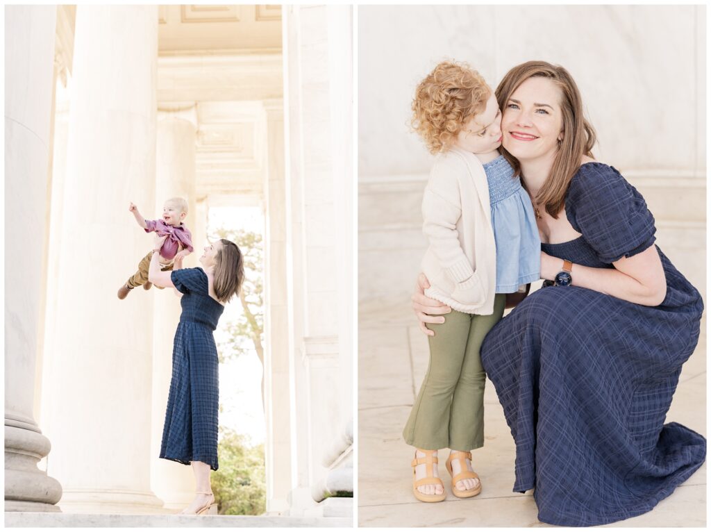 Mom holding her toddler boy in the air during their Washington DC photography session