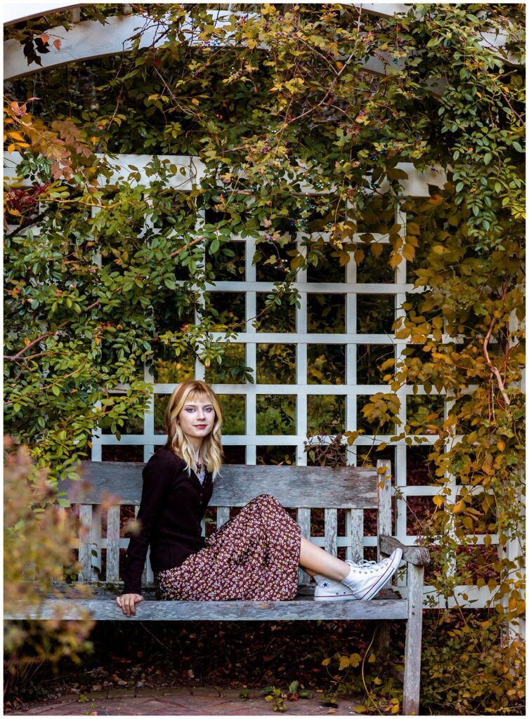 Girl sitting on a bench at Huntsville Botanical Gardens in Lyssa Barrow Photography's Huntsville, AL Photography Spotlight
