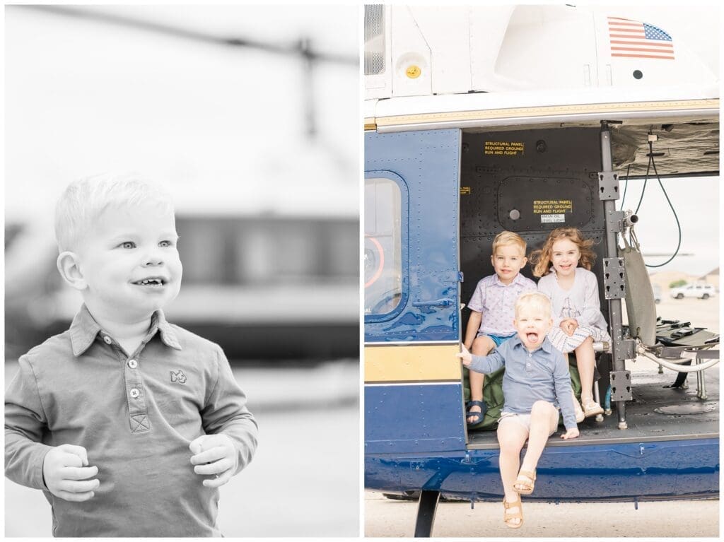 Three military kids sitting in a Huey by a Colorado Springs fini flight photographer