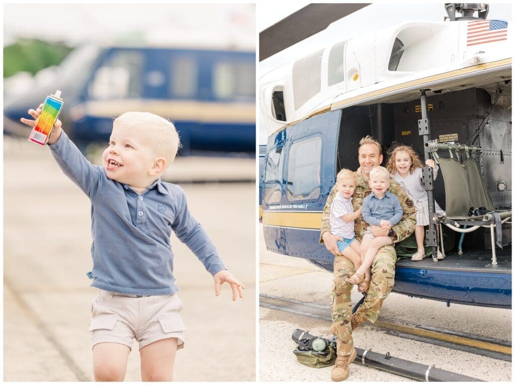 Dad sitting in a Huey with his kids