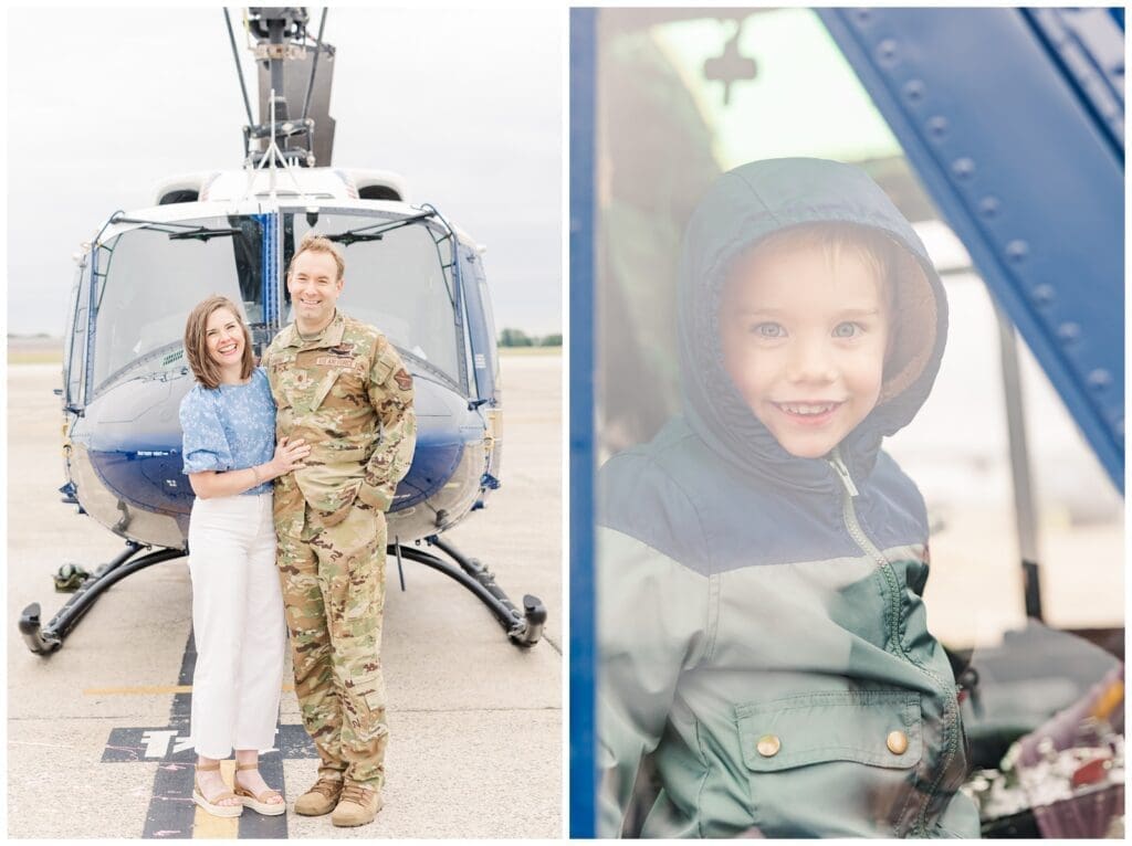 Little boy sitting in the front of the helicopter