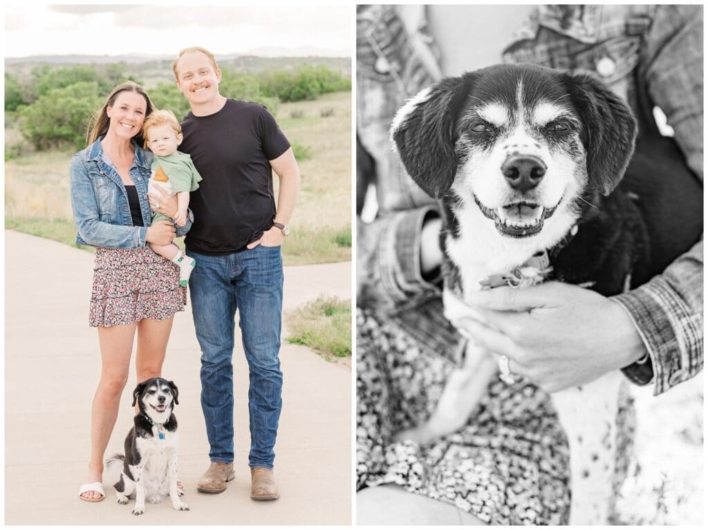 Parents, toddler, and dog all smiling during Castle Rock family photos