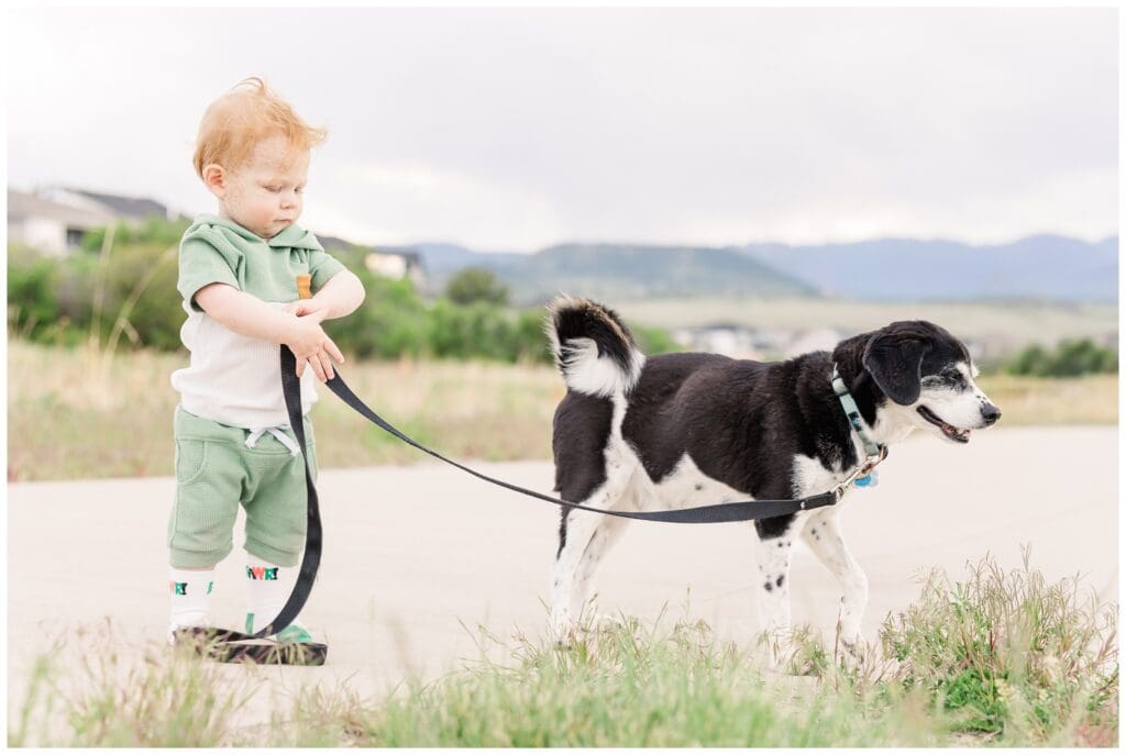 Toddler holding onto dog's leash