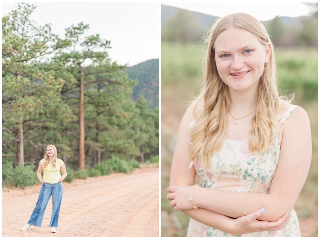 Senior girl standing with tall trees behind her getting her Colorado Springs senior photos