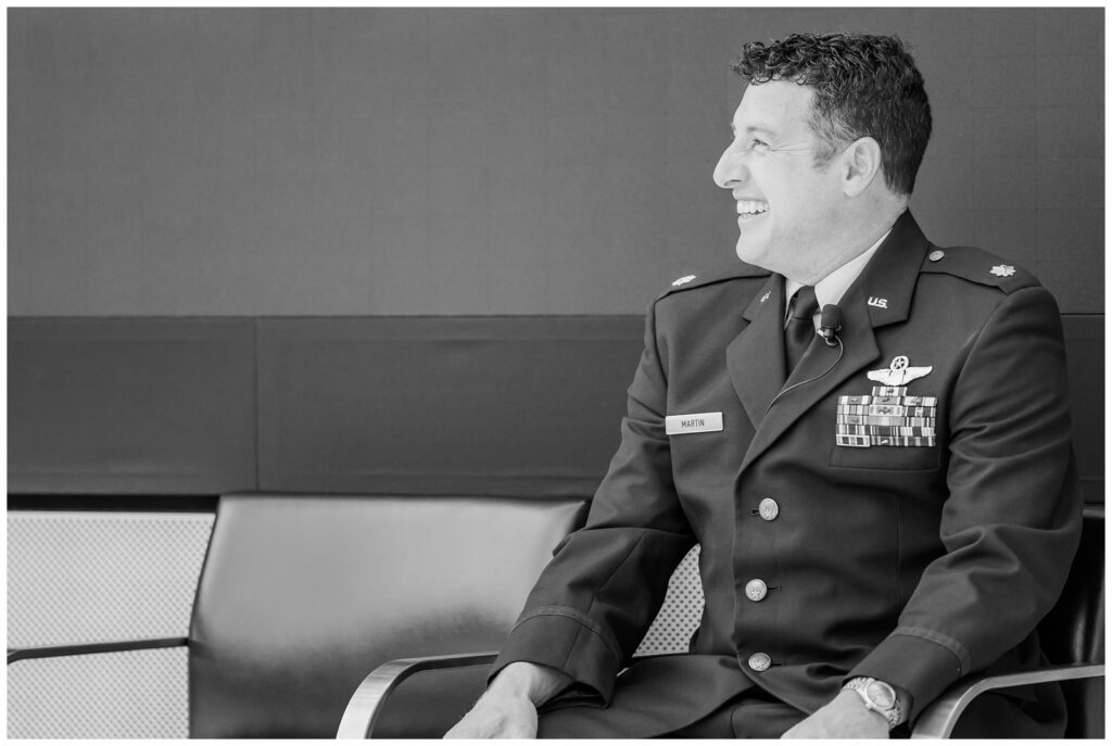 Black and white shot of AF retiree at a USAFA photography session