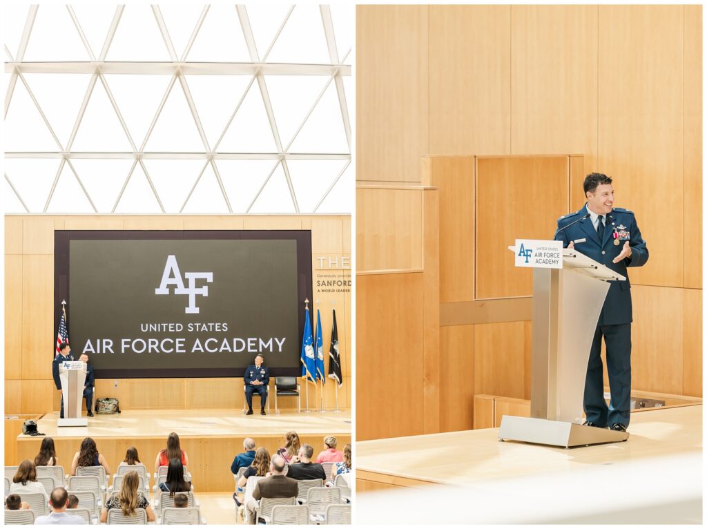 Air Force retiree giving speech at Polaris Hall at USAFA