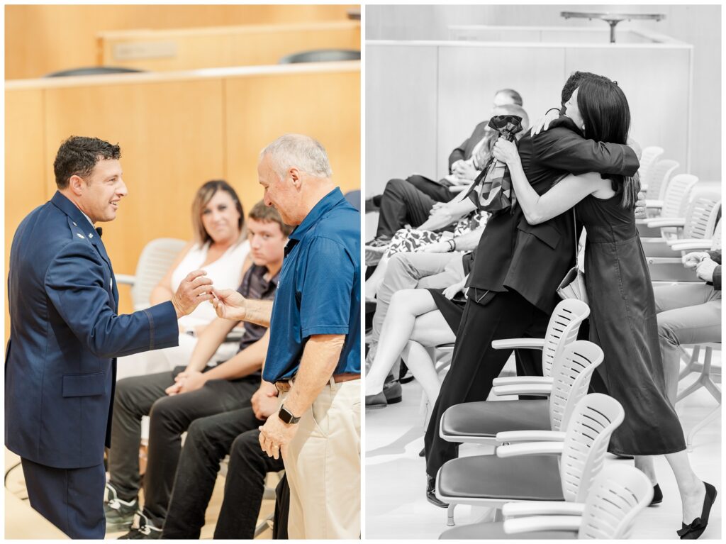 Air Force officer giving gifts to family and friends during his retirement ceremony